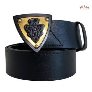 Authentic Gucci Black Leather Gold Hysteria Crest Buckle Belt Size 105/36